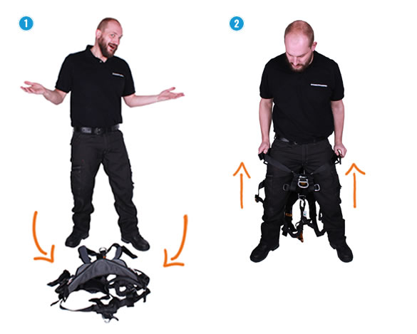 Harnas aantrekken stap 1 en 2.
